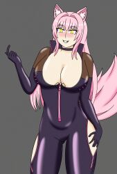 absurdres alternate_costume blush breasts choker cleavage clothed corporatification eye_color_change fate/grand_order fate_(series) female_only femsub fox_ears gloves glowing_eyes grey_background hair_color_change hand_on_hip happy_trance hypnovember large_breasts pink_hair scathach_(fate/grand_order) simple_background smile solo suit tagme tail usakiki very_long_hair yellow_eyes