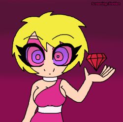  ahoge belt blonde_hair choker cleavage clothed dress eyebrows_visible_through_hair eyeshadow female_only femsub gradient_background happy_trance hypnoscream jewelry kaa_eyes looking_at_viewer madonna_(sonic) pink_background short_hair sideboob simple_background smile solo sonic_the_hedgehog_(series) 
