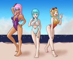    beach blonde_hair blue_eyes blue_hair empty_eyes female_only femsub happy_trance large_breasts looking_at_viewer mythkaz original pink_eyes pink_hair posing swimsuit v yellow_eyes 