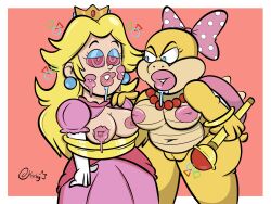  blonde_hair bondage breast_sucking breasts breasts_outside clothed_exposure dazed dress drool exposed_chest femdom femsub inverted_nipples kirbyjack kissing lipstick_mark magic nintendo nude princess_peach ring_eyes super_mario_bros. wendy_o._koopa yuri 