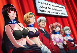 ai_art black_hair blue_lipstick bra braid brown_hair collar empty_eyes english_text expressionless femsub glasses hairband hellsing002_(generator) itsuki_sumeragi kaede_manyuda kakegurui kirari_momobami lipstick long_hair maledom multiple_girls multiple_subs pink_hair school_uniform sign smirk stage tech_control tie undressing uniform white_hair yumeko_jabami yumemi_yumemite