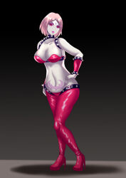 boots breasts cleavage corruption crotch_tattoo empty_eyes fairy_tail femsub hadant high_heels large_breasts makeup midriff naruto_(series) pale_skin pink_hair rock_of_succubus sakura_haruno short_hair simple_background studded_collar tattoo thigh_boots