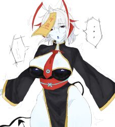  antenna arknights bare_legs breasts china_dress cleavage cleavage_cutout costume dress expressionless femsub horns jiangshi large_breasts magic mrmtr84084 open_mouth short_hair speech_bubble tail talisman thighs tie tongue tongue_out trembling w_(arknights) white_background white_hair 