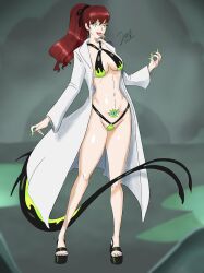  absurdres alternate_costume bare_legs breasts brown_hair cleavage coat crotch_tattoo domidevourer eye_color_change feet femsub green_eyes lab_coat legs long_hair long_tongue midriff navel open_clothes open_mouth original persona_(series) persona_5 persona_5_royal ponytail possession sandals scientist signature slit_pupils soul_devourer_(domidevourer) standing sumire_yoshizawa tail thighs tongue tongue_out 