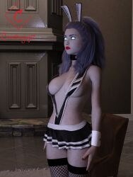 3d absurdres breasts cleavage collar creativeguy59 erect_nipples expressionless fake_animal_ears female_only femsub fishnets huge_breasts long_hair maid miniskirt original purple_hair red_lipstick skirt sling_bikini solo standing standing_at_attention text white_eyes whitewash_eyes 