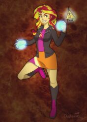 bill_cipher blonde_hair cyclops disney elzalokvud equestria_girls femsub gravity_falls happy_trance hat long_hair magic multicolored_hair my_little_pony possession red_hair smile sunset_shimmer western