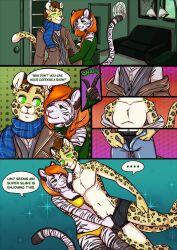 ash_(ashkelling) breasts brown_hair cat_boy cat_girl clothed comic dazed femdom furry happy_trance hypnotic_eyes keilani_(keilani) large_breasts leopard_boy malesub original red_hair scarlet-frost smile text tiger_girl