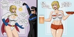  angry bare_legs before_and_after blonde_hair breasts cleavage cleavage_cutout dc_comics dialogue femsub forced_employee happy_trance hooters large_breasts leotard midriff nightwing pendulum pocket_watch polmanning power_girl short_hair short_shorts shorts smile super_hero superman_(series) tank_top text tray waitress western 