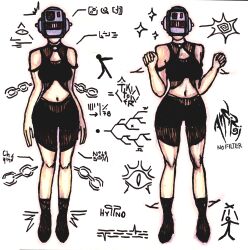  andrei bare_shoulders female_only femsub happy_trance helmet high_heels midriff navel original shorts signature simple_background sketch socks standing standing_at_attention symbol tech_control white_background 