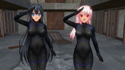  3d alternate_costume angry black_hair blue_eyes bodysuit custom_maid_3d_2 drone empty_eyes erect_nipples_under_clothes female_only femsub hair_ornament looking_at_viewer multiple_girls multiple_subs navel open_mouth pink_hair red_eyes rubber saluting side_ponytail standing standing_at_attention swallow774 symbol_in_eyes tongue 
