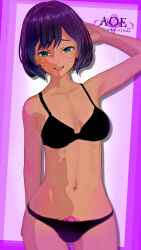 black_hair bra breasts cbhm crotch_tattoo fangs green_eyes knight koikatsu! large_breasts panties short_hair tattoo unusual_pupils