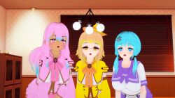 bent_over blonde_hair blue_eyes blue_hair empty_eyes evelyn_(sonrio) expressionless female_only femsub heart long_hair magical_girl multiple_girls multiple_subs olive_(sonrio) open_mouth original pink_eyes pink_hair pocket_watch short_hair silvrain_(sonrio) sonrio12 witch_hat yellow_eyes