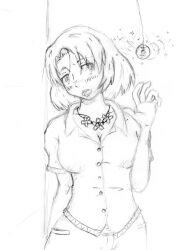 blush breasts coin eshie femsub greyscale large_breasts monochrome open_mouth original pendulum short_hair sketch traditional