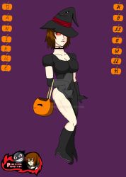 black_sclera boots breasts brown_hair dani_(doudile) doudile expressionless femsub gloves halloween hat hypnotic_accessory large_breasts lipstick opera_gloves original pumpkin purple_lipstick short_hair smile spiral_eyes symbol_in_eyes tattoo watermark witch witch_hat yellow_eyes