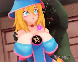  3d animated animated_gif blonde_hair blush breasts clothed dark_magician_girl femsub green_eyes happy_trance hat heart heart_eyes large_breasts long_hair maledom open_mouth ro_ropy4 smile symbol_in_eyes yu-gi-oh! 