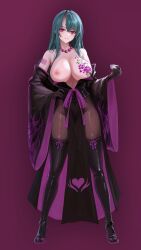 absurdres alternate_costume arknights barcode bare_shoulders bow_tie breasts corruption exposed_chest eyebrows_visible_through_hair femsub gloves green_hair heart high_heels hoshiguma_(arknights) iamtheawakeningmaster japanese_clothing jewelry kimono large_breasts latex loincloth long_hair necklace oni_girl pantyhose pink_eyes purple_background sandals simple_background smile tattoo thighhighs