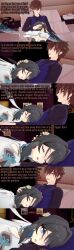  absurdres awakening bed bedroom black_eyes black_hair brown_eyes clothed dialogue english_text femsub honkai_star_rail maledom ruan_mei_(honkai_star_rail) sleeping text zenin1 