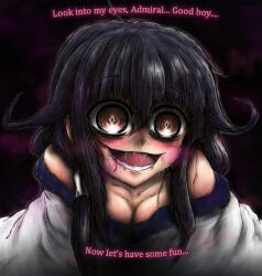 black_hair blush cleavage drool evil_smile femdom hypnotic_eyes kantai_collection looking_at_viewer manip nightmare_fuel ooguchiboya open_mouth pov pov_sub smile t323_(manipper) taigei_(kantai_collection) text yandere