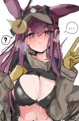  arknights blush breasts breasts_outside breath bunny_ears bunny_girl confused exposed_chest femsub gloves jacket long_hair pendulum purple_eyes ray_(arknights) speech_bubble sunaneko sweat v 