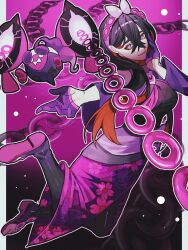 ambiguous_pov androgynous_dom androgynous_sub black_hair carmine_(pokemon) clothed eye_color_change femsub floating gloves hypnotic_food kimono long_hair mmocc123 multicolored_hair nintendo pecharunt pokemon pokemon_(creature) pokemon_masters pokemon_scarlet_and_violet purple_eyes red_hair white_eyes